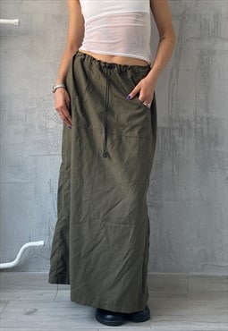 Vintage Y2K 00's Khaki Green Cinched Waist Maxi Cargo Skirt