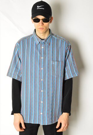 VINTAGE 90S BLUE COLOURFUL STRIPED SHORT SLEEVE SHIRT