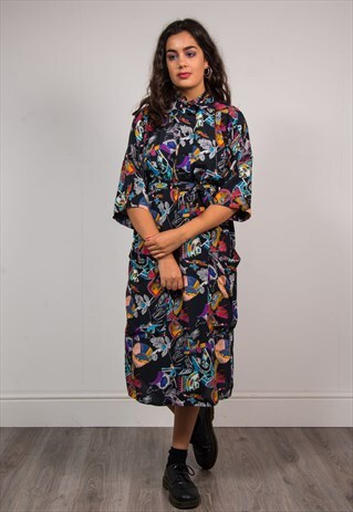 90'S RETRO WAVEY PATTERN FESTIVAL SHIRT STYLE MIDI DRESS