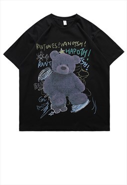 Teddy print t-shirt Y2K tee skater slogan top in black