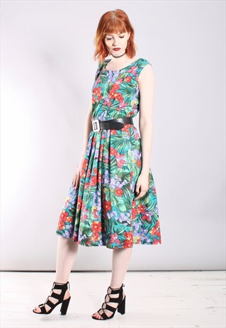 VINTAGE 80S FLORAL TROPICAL BUTTON BACK MIDI DRESS