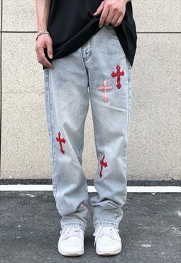 Blue Crosses embroidered Denim jeans pants trousers Y2k