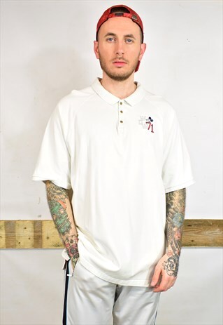 VINTAGE 90S DISNEY WHITE SPELL OUT LOGO POLO T-SHIRT