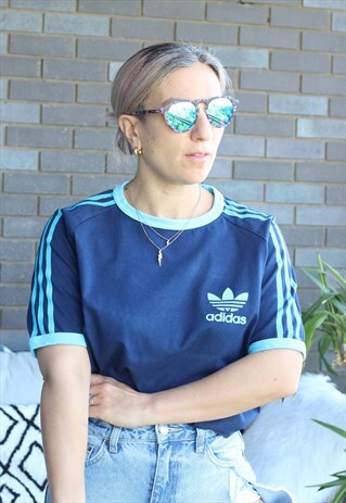 VINTAGE Y2K BLUE ADIDAS 3 STRIPE T SHIRT