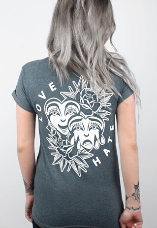 LOVE & HATE DARK HEATHER GREY/SLATE BLUE T-SHIRT