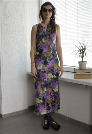 VINTAGE 90'S MAXI MULTI COLOUR FLOWER PRINT DRESS