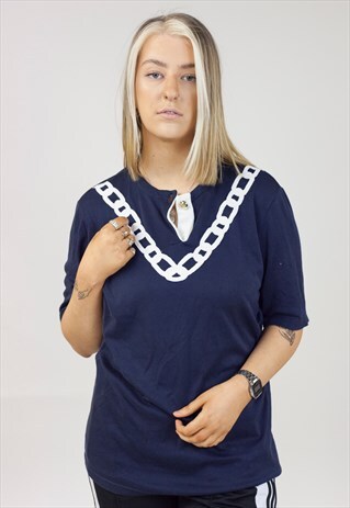 VINTAGE VALENTINO CHAIN DETAIL ONE BUTTON NAVY T-SHIRT