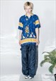 Y2K VINTAGE FLAMING DRAGON PRINT SHIRT IN BLUE & GOLD