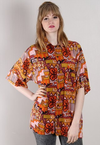 VINTAGE 80S CRAZY PATTERN ORANGE SHIRT
