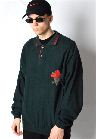 VINTAGE 90S GREEN EMBROIDERED 1/3 BUTTON FLEECE SWEATSHIRT