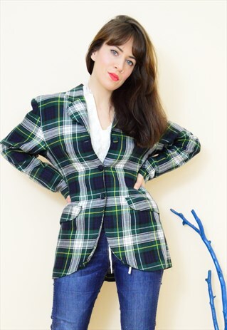 VINTAGE 90S GREEN TARTAN THIN WOOL FITTED BLAZER