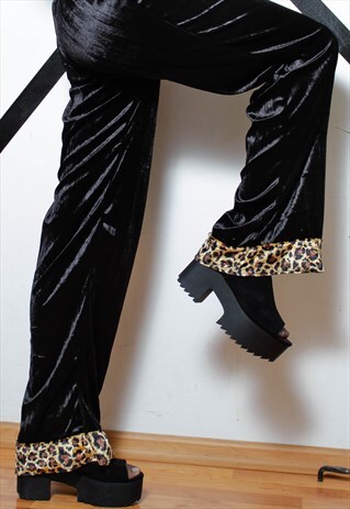 90S GRUNGE Y2K GOTHIC CRUSHED VELVET LEOPARD WIDE-LEG PANTS