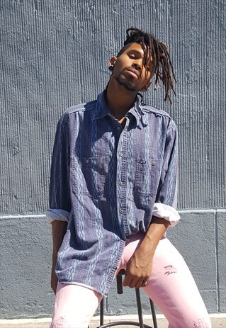 GUESS JEANS 90S FADED VERTICAL STRIPE TRIBAL PATTERN SHIRT