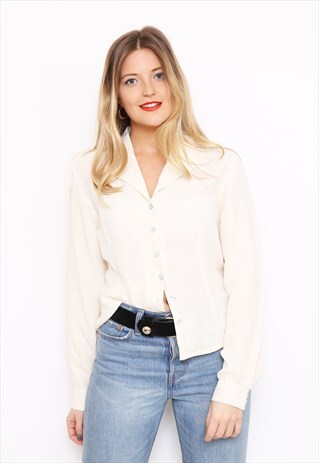 VINTAGE 90S WHITE FLOCKED SILK SHIRT BLOUSE