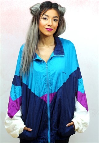 1990S VINTAGE BLUE,PURPLE AND WHITE SHELL TRACK JACKET