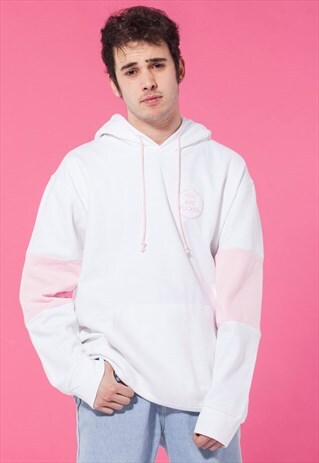 OVERSIZED HOODIE FLUFFY PATCH SWEATSHIRT WHITE & PINK JUMPER