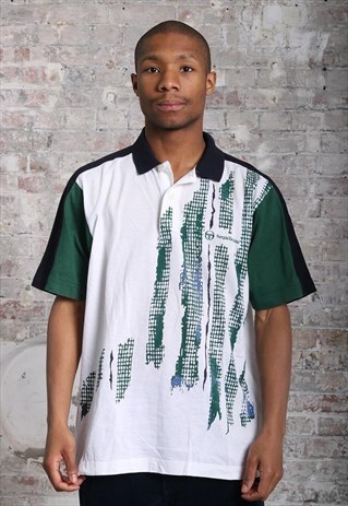 VINTAGE SERGIO TACCHINI LOGO PATTERN POLO SHIRT GREEN WHITE
