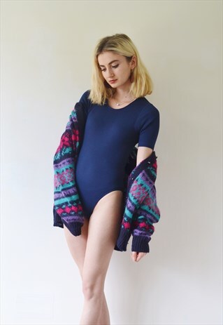 VINTAGE BLUE NAVY RIBBED BODYSUIT TOP LEOTARD