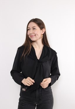 90s black formal blouse, vintage minimalist tie collar top