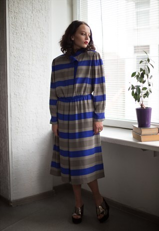 VINTAGE 80'S MIDI GREY/BLUE STRIPED LONG SLEEVED DRESS