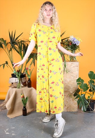 VINTAGE DRESS MIDI YELLOW PINK GREEN FLORAL PATTERN