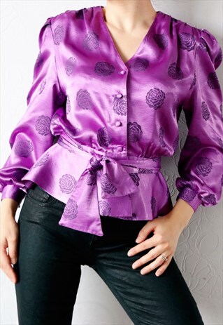 PUFFY SLEEVES VINTAGE BLOUSE 80S PEPLUM TOP FLORAL SATIN 