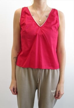 00's Vintage Red Vest Top With White Frill Detail
