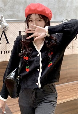 Vintage-inspired Cherry Cropped Knit Cardigan - Black
