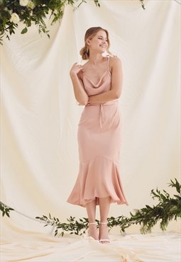 Sophia Cowl Neck Fishtail Satin Midi Dress - Rose Pink