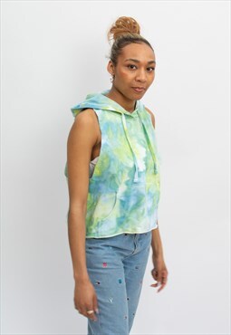Sleeveless Cropped Hoodie Hand Dyed Green and Blue