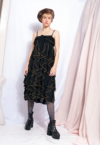 VINTAGE FRILL DRESS 80S GOLD BLACK EVENING PROM DRESS