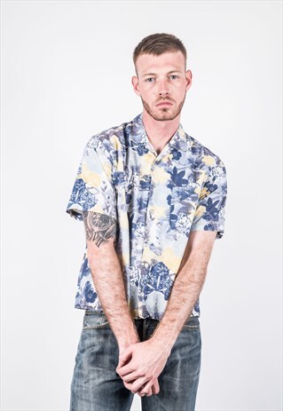VINTAGE BLUE AND YELLOW PATTERNED SHORT-SLEEVED SHIRT