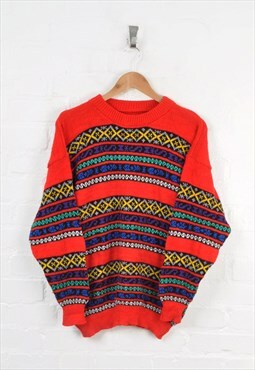 Vintage Knitted Jumper Patterned Red Ladies Medium