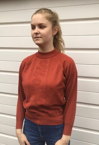 WOMENS VINTAGE 80S JUMPER FLORAL BROWN TURTLE NECK SWEATER