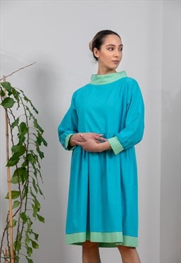 Turquoise Linen Dress With Turtleneck