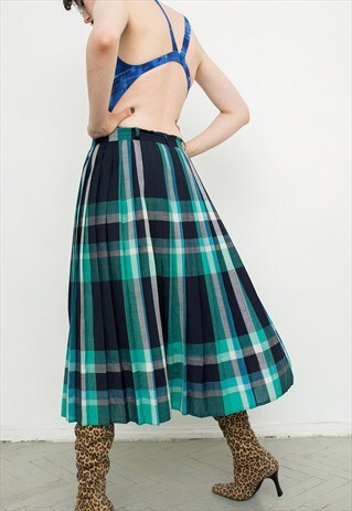 VINTAGE GERRY WEBER SKIRT GREEN BLUE 70S PLEATED PLAID RETRO
