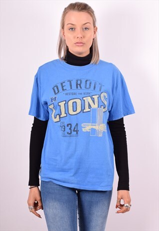 NFL WOMENS VINTAGE DETROIT LIONS T-SHIRT TOP MEDIUM BLUE 90S