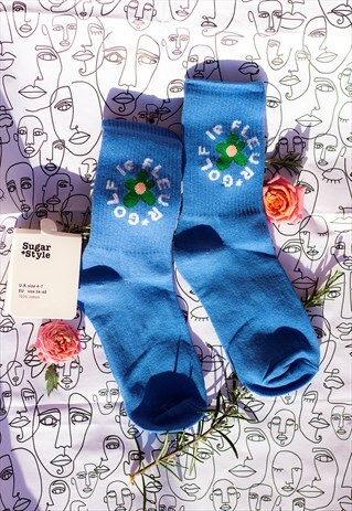 Blue Floral Circle Text Skater Style Socks