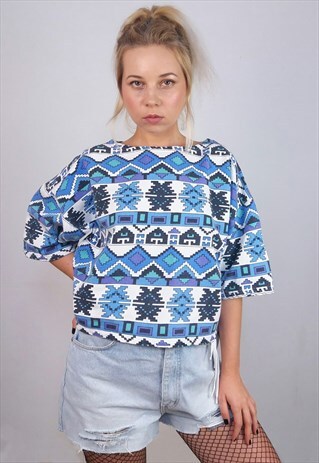 VINTAGE 80'S RETRO PATTERNED COTTON KNIT CROP TOP