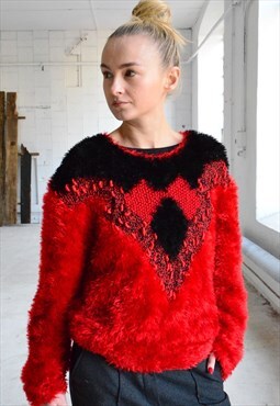 Red Fluffy Vintage Sweater 80s