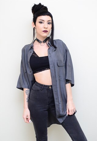 VINTAGE 90'S GENUINE SILK SLATE GREY OVERSIZED SHIRT
