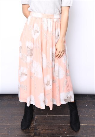 VINTAGE 90S CORAL FLORAL PLEATED PRINT MIDI SKIRT