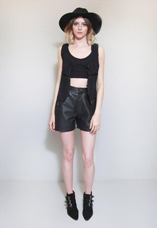 VINTAGE 1970'S JET BLACK SUEDE PATCH CROCHET GILET