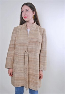 Women vintage beige striped minimalist trench jacket