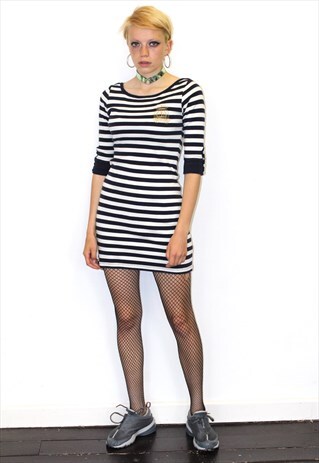 HIPSTER VINTAGE 90S NAVY WHITE HENRY LLOYD STRIPED TEA DRESS