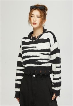 Ripped zebra cardigan fuzzy stripped jumper knitted top 