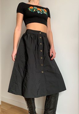 Black High Waisted Thick Windbreaker Fabric Midi Skirt