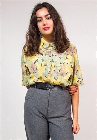 VINTAGE 90'S GREEN FLORAL LEOPARD PATTERN SHIRT BLOUSE