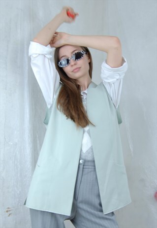 VINTAGE Y2K LIGHT PASTEL GREEN LONG OVERSIZED VEST CARDIGAN