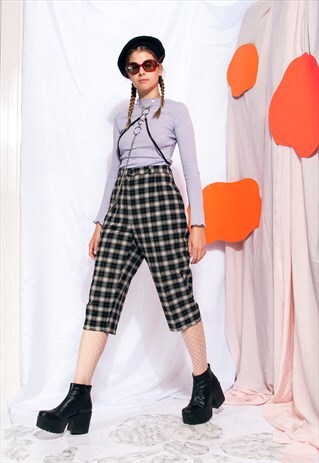VINTAGE CHECKED CROPPED TROUSERS 90S HIGH WAIST PLAID PANTS